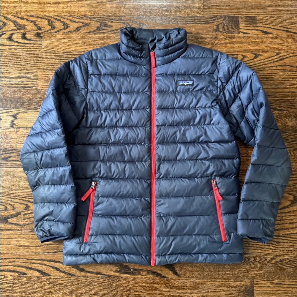Patagonia Kids XL (14) Down Sweater Jacket Navy w/Red Zippers